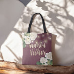 Wedding Matron of Honour Hydrangeas & String Light Tote Bag<br><div class="desc">Matron of Honour Wedding Tote Bag Templates - Elegant White lovely Watercolor Hydrangea Flowers and String Lights on Burgundy Red Background.
A Perfect Design For Your Big Day! All Text Style,  Colours,  Sizes Can Be Modified To Fit Your Needs.</div>