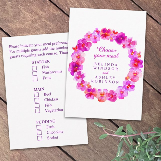 Wedding meal choice pink pansy floral enclosure card (Creator Uploaded)