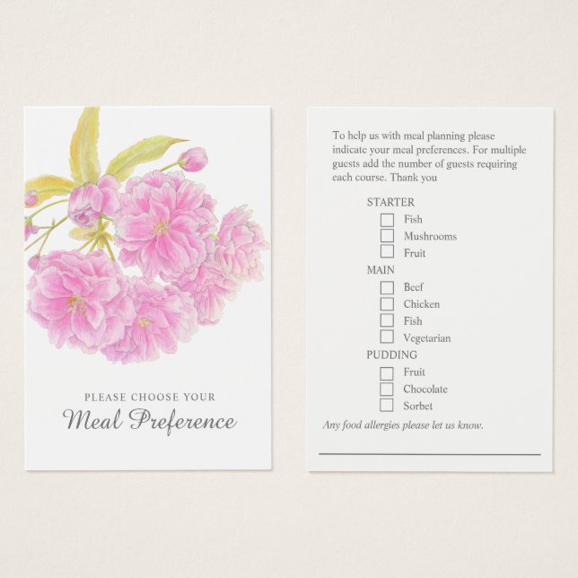 Wedding meal preference pink floral cards (Front & Back)