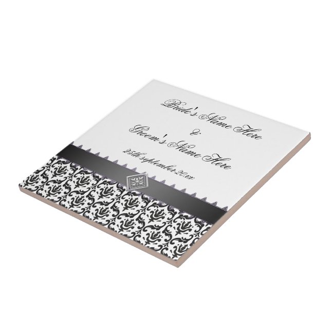 Wedding Memento Tile Stylish Black & White Damask (Side)
