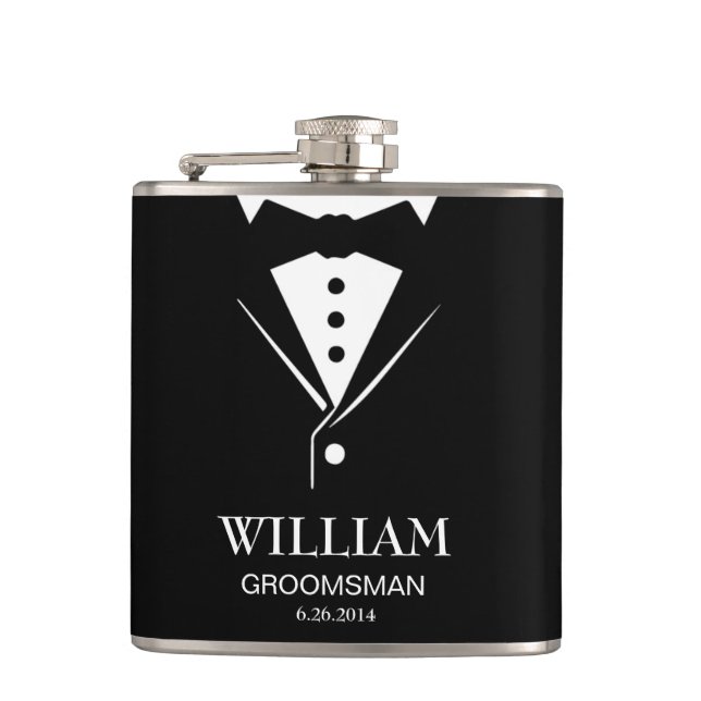 Wedding Mens Groom and Groomsmen Tuxedo Hip Flask (Front)