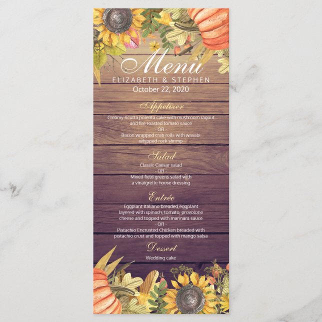 Wedding Menu Autumn Maple Leaves Pumpkin Sunflower (Front)