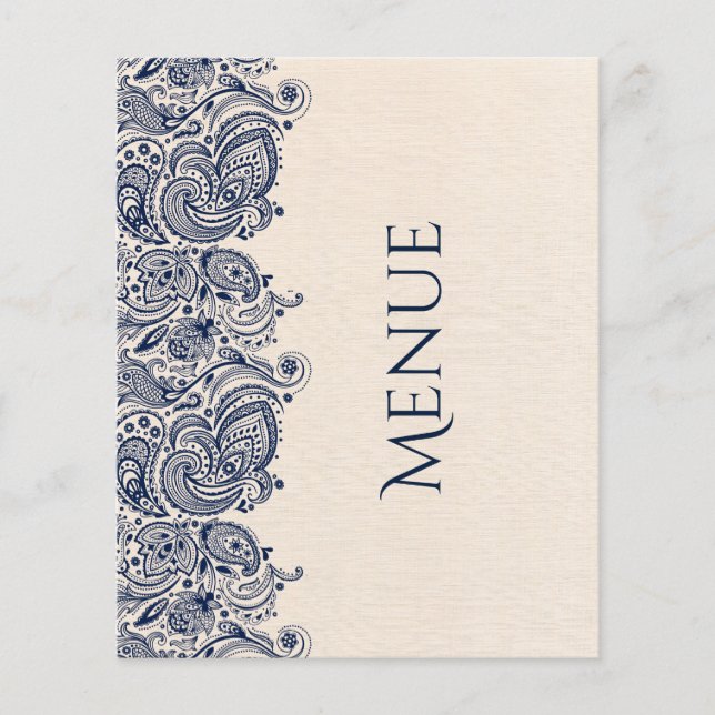 Wedding Menu Beige Linen & Dark-Blue Lace (Front)