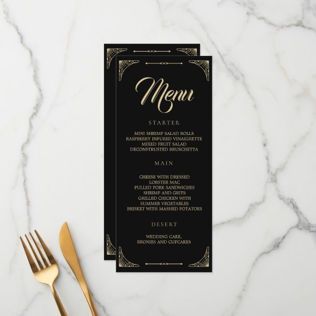 Wedding Menu Black Elegant Deco Gold Retro (Front/Back In Situ)