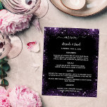 Wedding Menu black purple sparkles<br><div class="desc">An elegant,  glamourous wedding menu.  A black background,  decorated with purple faux glitter,  sparkles. White text.  Personalize and add your name,  dates and the menu. 
You can add more text,  photos on the back.

1 sheet = 1 menu printed edge to edge.</div>