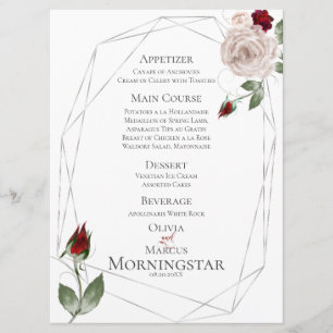 Wedding Menu   Blush and Wine Watercolor Roses