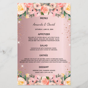 Wedding Menu blush pink floral glitter dusty rose
