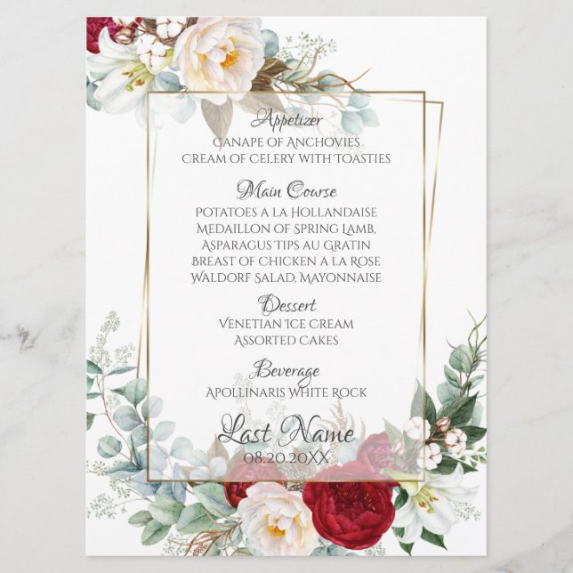 Wedding Menu | Burgundy and Ivory Peonies (Front)
