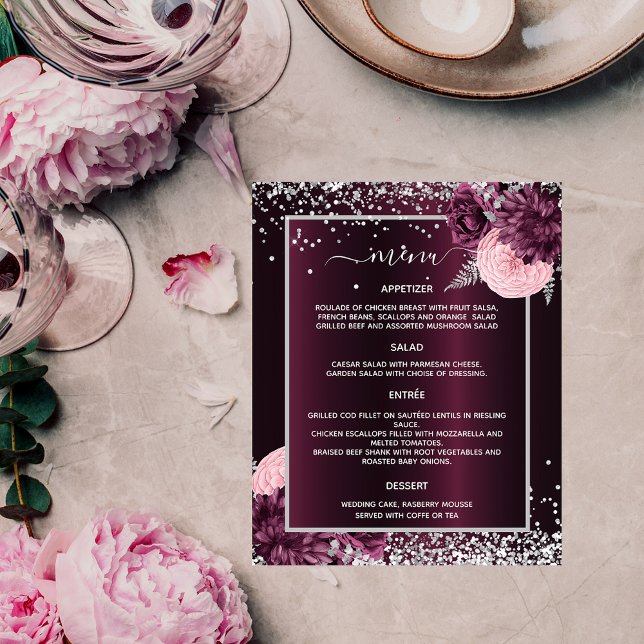 Wedding Menu burgundy silver flowers (Creator Uploaded)