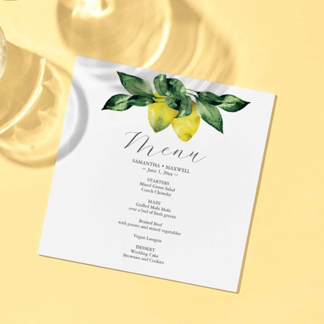 Wedding Menu Card Lemon and Amalfi Tile (Watercolor lemons wedding menu square art by Victoria Grigaliunas of Do Tell A Belle. )