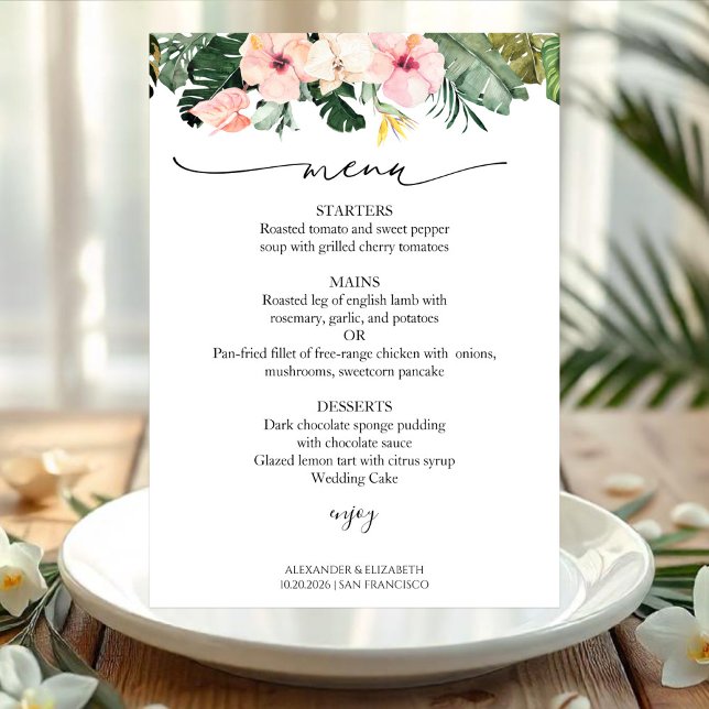 Wedding Menu Card Palm Leaves Hibiscus Tropical (Creator Uploaded)
