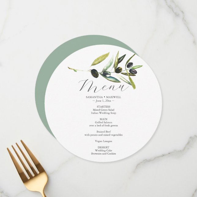 Wedding Menu Card Watercolor Olive Branch (Front/Back In Situ)