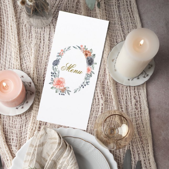 Wedding Menu Card with Soft Peach & Blue Flowers (Créateur téléchargé)