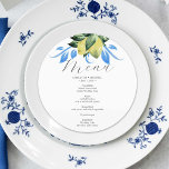Wedding Menu Cards Blue and Yellow Lemons<br><div class="desc">These printed wedding menu cards feature a blue and yellow lemon and botanical design. The card reverses to a complimentary blue colour. Use the template fields to DIY your personalized details. The elegant round design is a charming choice for Mediterranean, rustic and garden weddings. Order a sample or order in...</div>