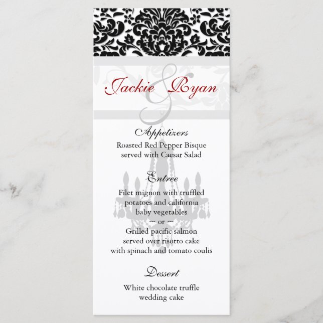 Wedding Menu Cards Chandelier Black White (Front)