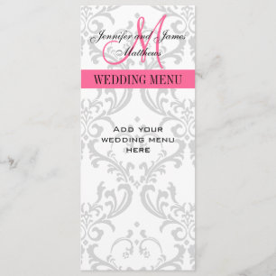 Wedding Menu Cards Damask Monogram Pink White