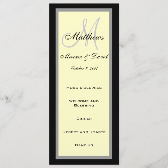 Wedding Menu Cards Monogram Cream Black (Front)