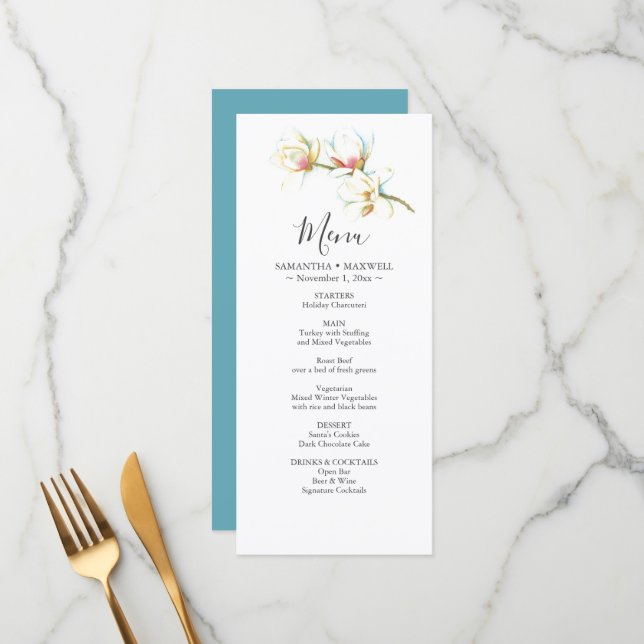 Wedding Menu Cards Watercolor White Flowers (Front/Back In Situ)