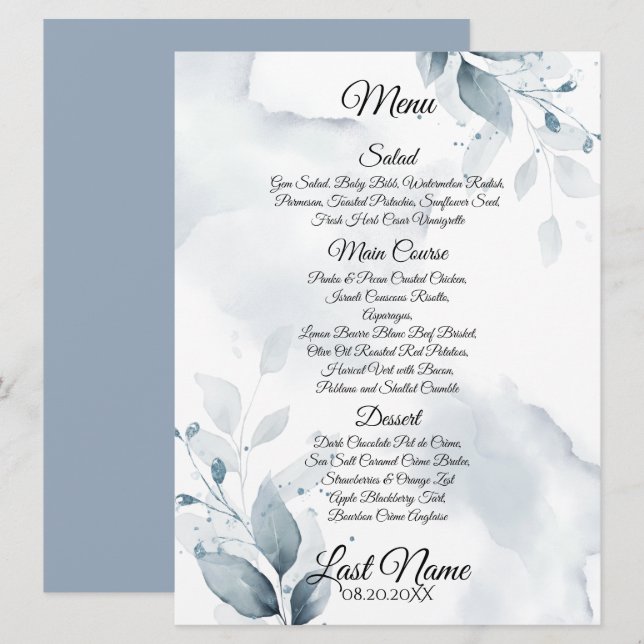 Wedding Menu | Custom 1 Dusty Blue Botanical Menu (Front/Back)