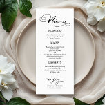 Wedding Menu Elegant Black Calligraphy<br><div class="desc">Transform your wedding day into a celebration of sophistication and elegance with our stunning black and white modern wedding suite! You can personalize it with just a few clicks to express your unique love story. This inspiring collection includes everything you need to create a beautifully cohesive atmosphere, featuring matching menu...</div>