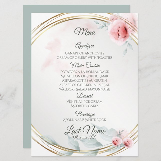 Wedding Menu | Elegant Pink Blush Peony  (Front/Back)
