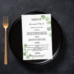 Wedding Menu eucalyptus greenery botanical budget<br><div class="desc">Please note that this menu is on flyer paper and very thin. For thicker menus (same design) please visit our store. 

Personalize and add your names,  date and the wedding menu. White background,  decorated with eucalyptus greenery,  sprigs. 
Back: green background.</div>