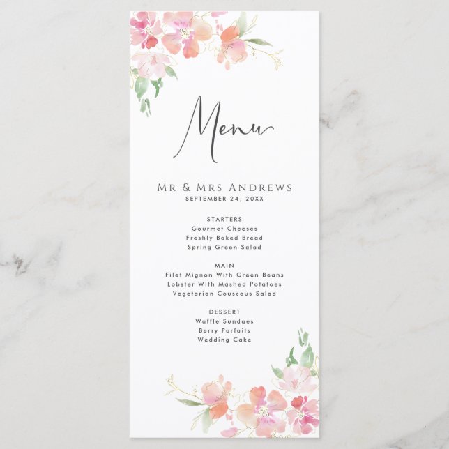 Wedding Menu | Floral Blush Pink & Coral (Front)