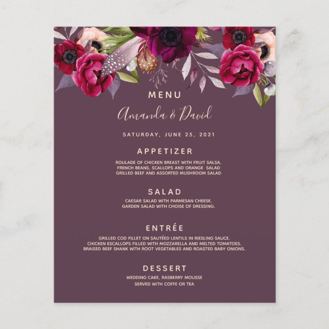 Wedding Menu florals burgundy cassis purple (Front)