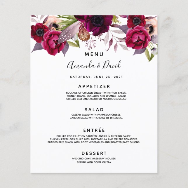 Wedding Menu florals white burgundy (Front)