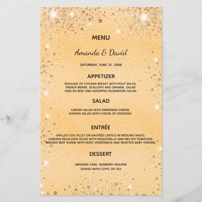 Wedding Menu gold metallic glitter dust elegant (Front)
