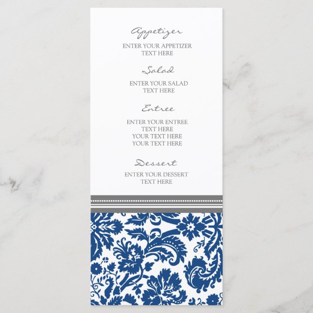 Wedding Menu Grey Blue Damask Pattern (Front)