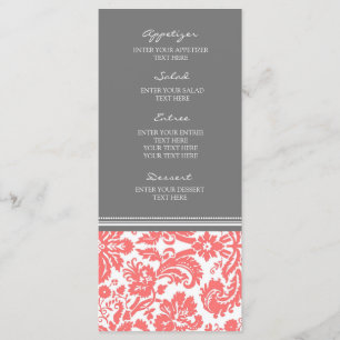 Wedding Menu Grey Coral Damask Pattern