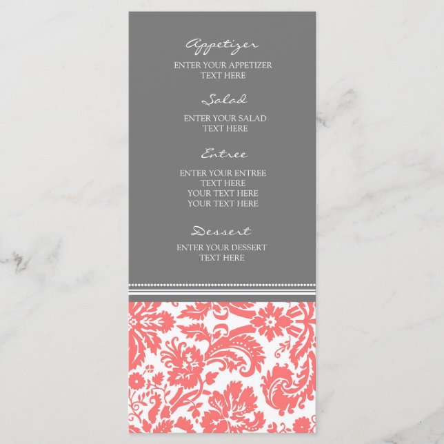 Wedding Menu Grey Coral Damask Pattern (Front)
