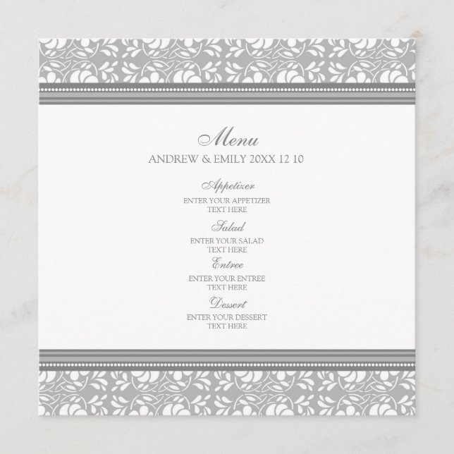 Wedding Menu Grey Floral Damask (Front)