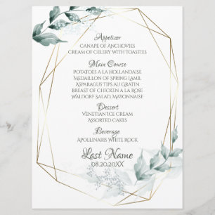 Wedding Menu   Greyed Jade Green Botanical Menu