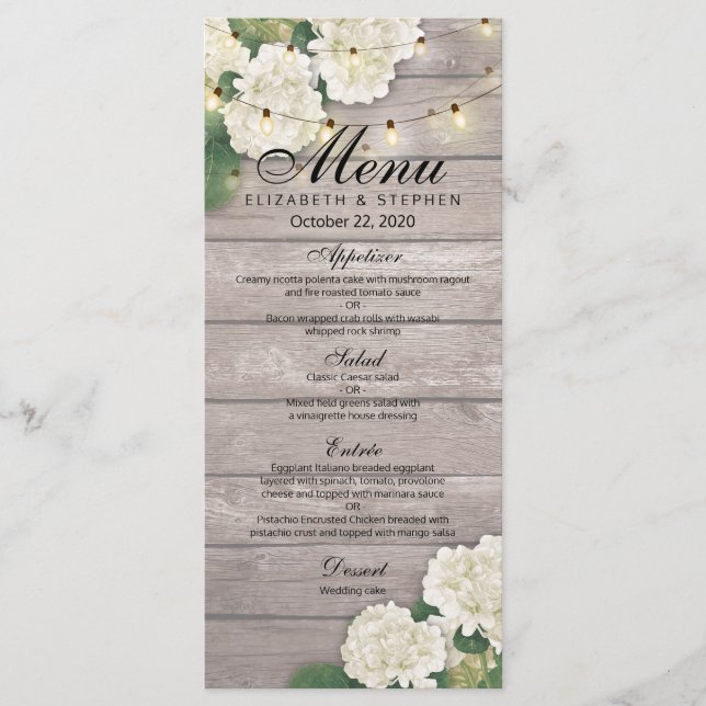 Wedding Menu Hydrangea Flowers Wood String Lights (Front)