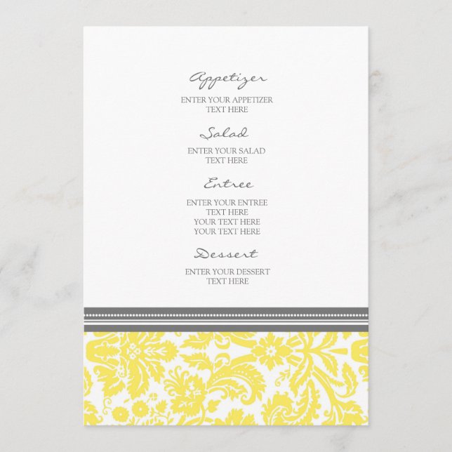 Wedding Menu Lemon Grey Damask Pattern (Front)