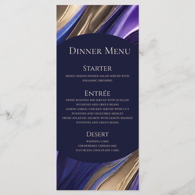 Wedding Menu-Modern Abstract Blue Purple Gold- Menu (Front)