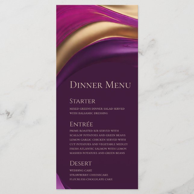 Wedding Menu-Modern Purple Fuchsia and Gold Menu (Front)