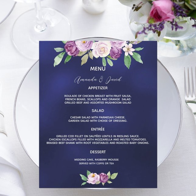 Wedding Menu navy blue violet florals (Creator Uploaded)