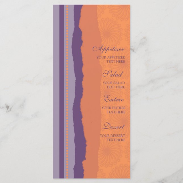 Wedding Menu Orange and Purple Swirls (Front)