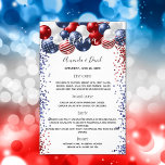 Wedding Menu patriotic red white blue budget<br><div class="desc">Please note that this menu is on flyer paper and very thin.  For thicker menus (same design) please visit our store. 

Decorated with patriotic coloured  balloons in red blue and white,  blue and red sparkles.  White background.  Personalize and add your names and wedding dinner menu.</div>
