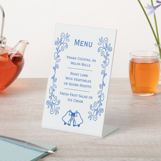 Wedding Menu Pedestal Sign Blue Sapphire Bells  (In SItu)
