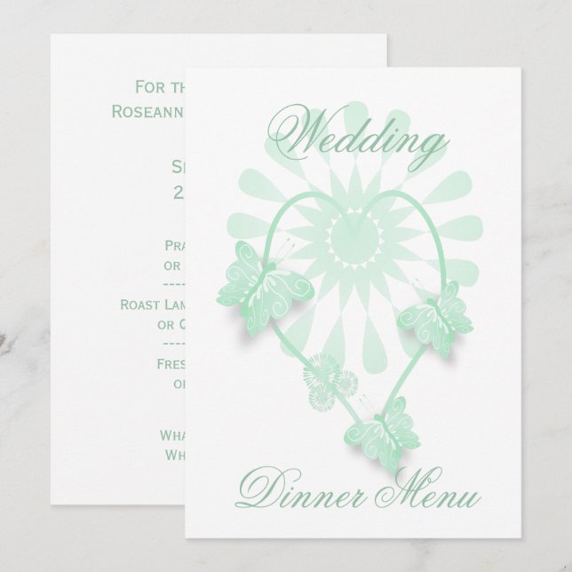 Wedding Menu Peppermint Butterflies Heart (Front/Back)