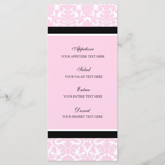 Wedding Menu Pink Black Damask (Front)