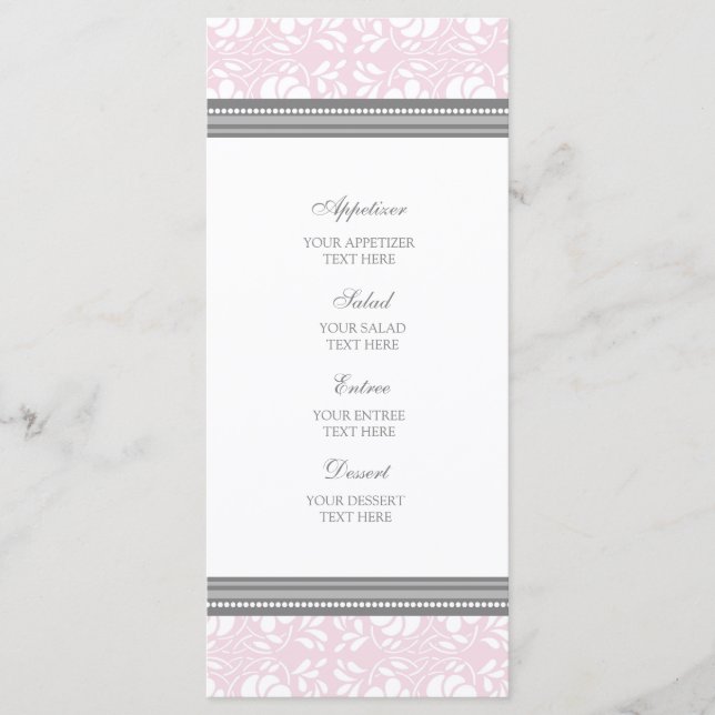 Wedding Menu Pink Grey Damask (Front)