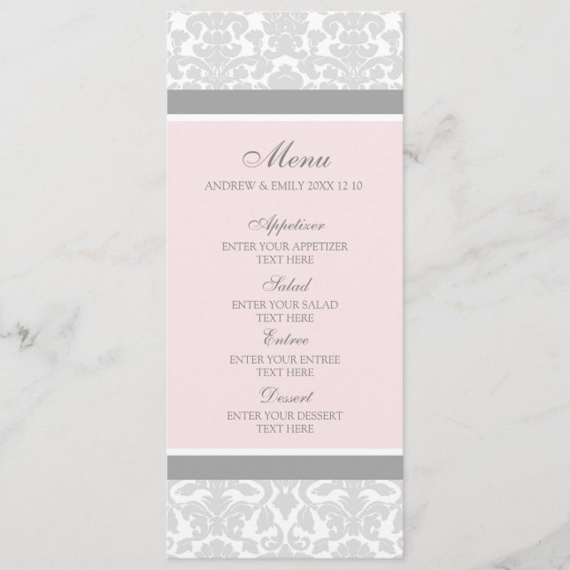 Wedding Menu Pink Grey Floral Damask (Front)