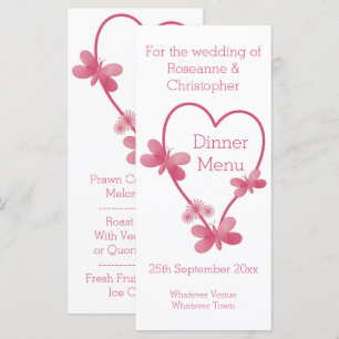 Wedding Menu Pink Heart And Butterflies