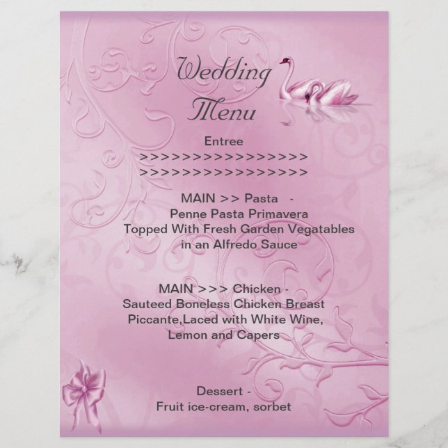 Wedding Menu Program Pink Swans Bow Set (Front)