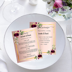 Wedding Menu Program rose gold florals budget